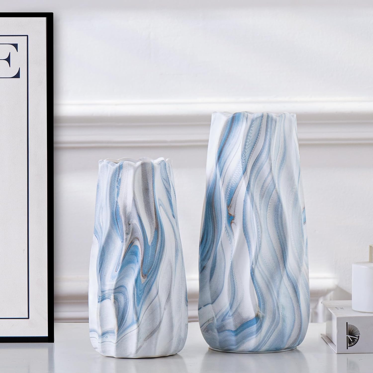 Ceramic Vase / Blue and White Wave Vases / Blue Marble / Set of 2