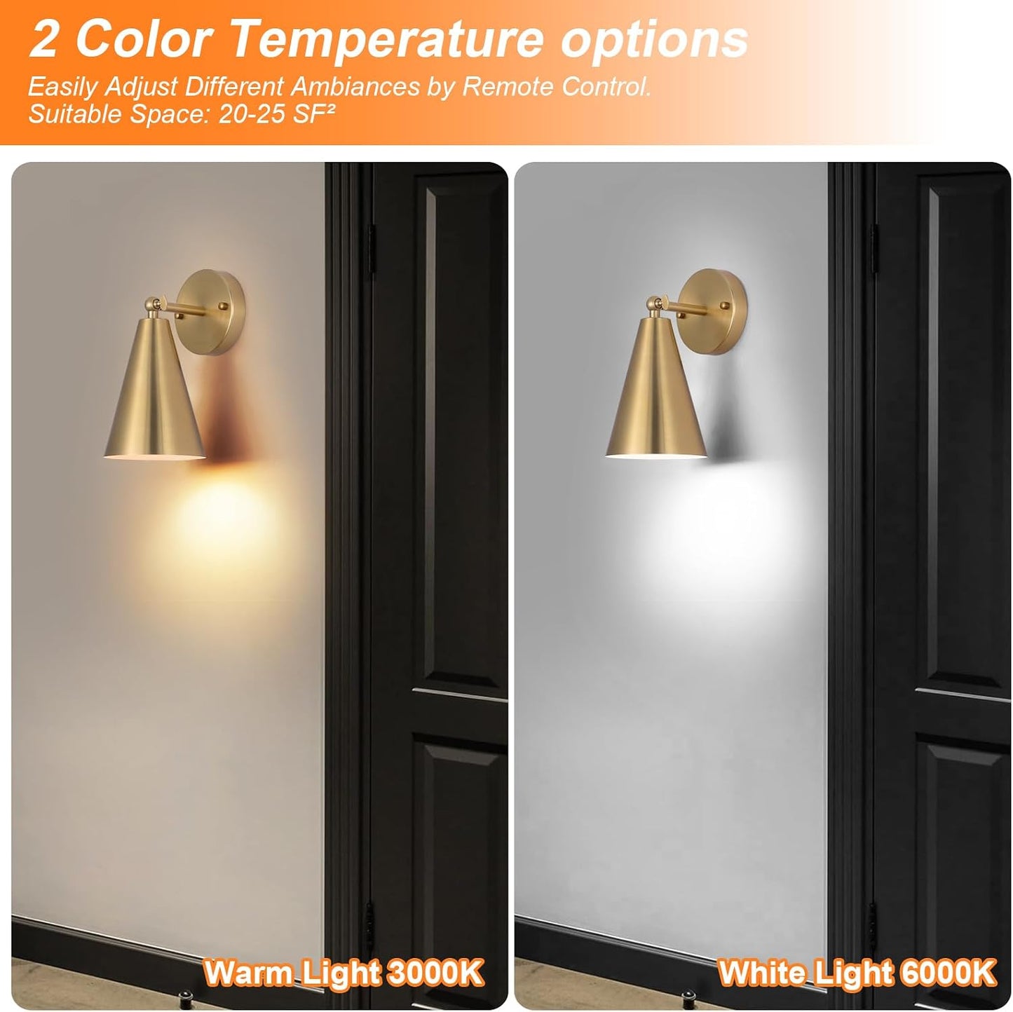 MWZ Gold Battery Operated Wall Sconces Set of Two,Wireless Indoor Lighting with Remote Control, Modern Dimmable 2 Color