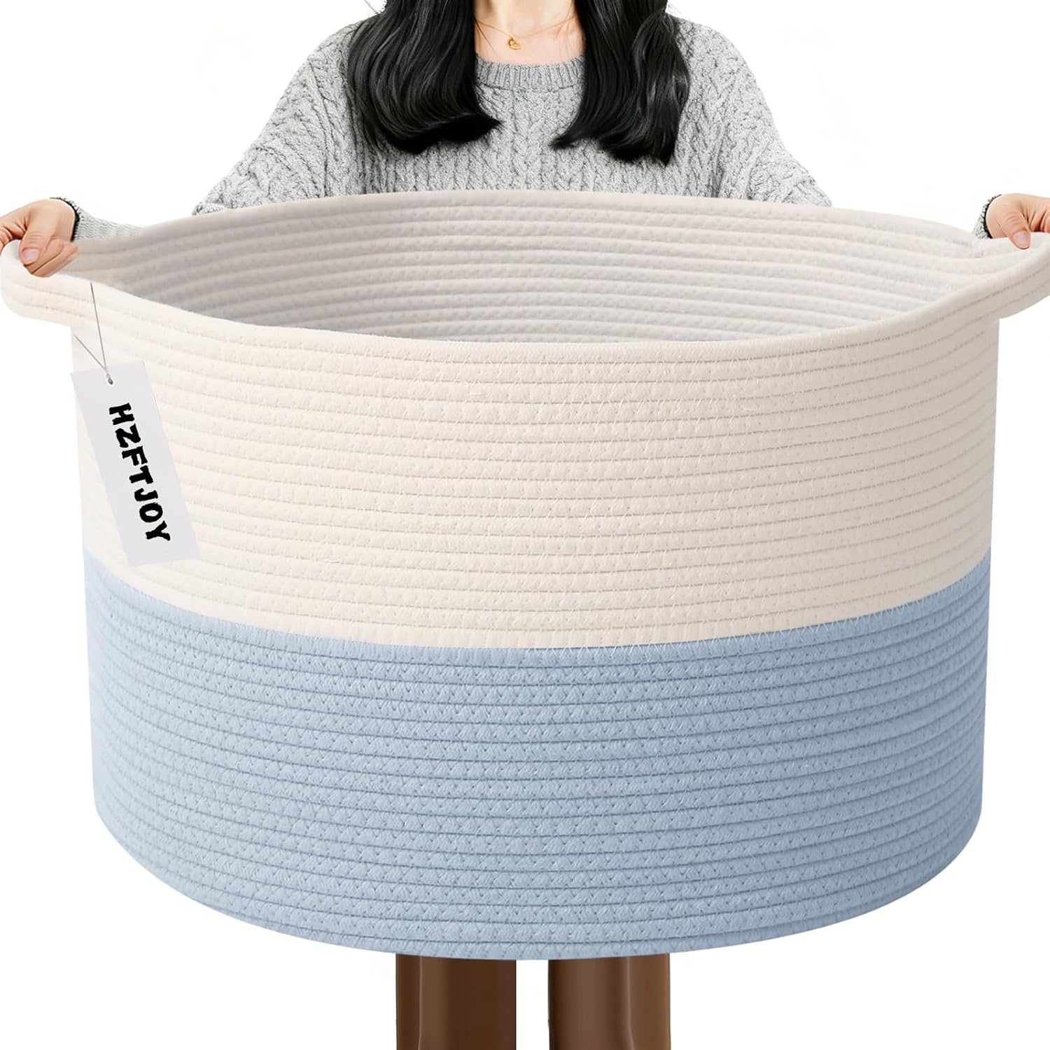 65L Extra Large Woven Blanket Basket, Laundry Basket-White&Blue