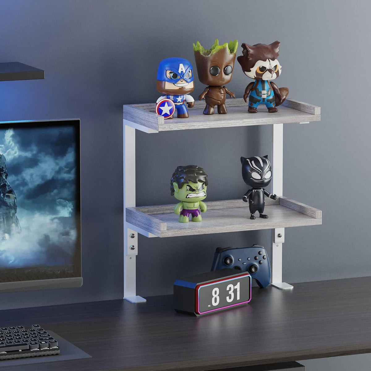 Clamp On Desk Shelf 2-Tier, Wood Shelving Unit for Office Desk/Gaming Accessories, Tabletop Book Storage Rack, Shelf