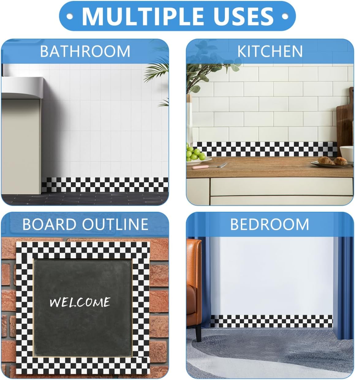 Checkered Bathroom Wall Sticker Bulletin Board Border Self Adhesive Vinyl Decorative Trim / 94 Inch