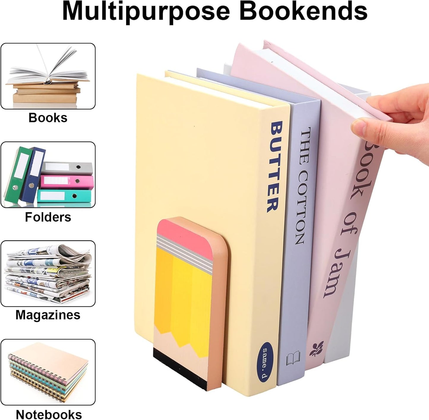 Back to School Wood Bookends Non Skid Book Stoppers Composition Notebook Pencil Crayon / Set of 6