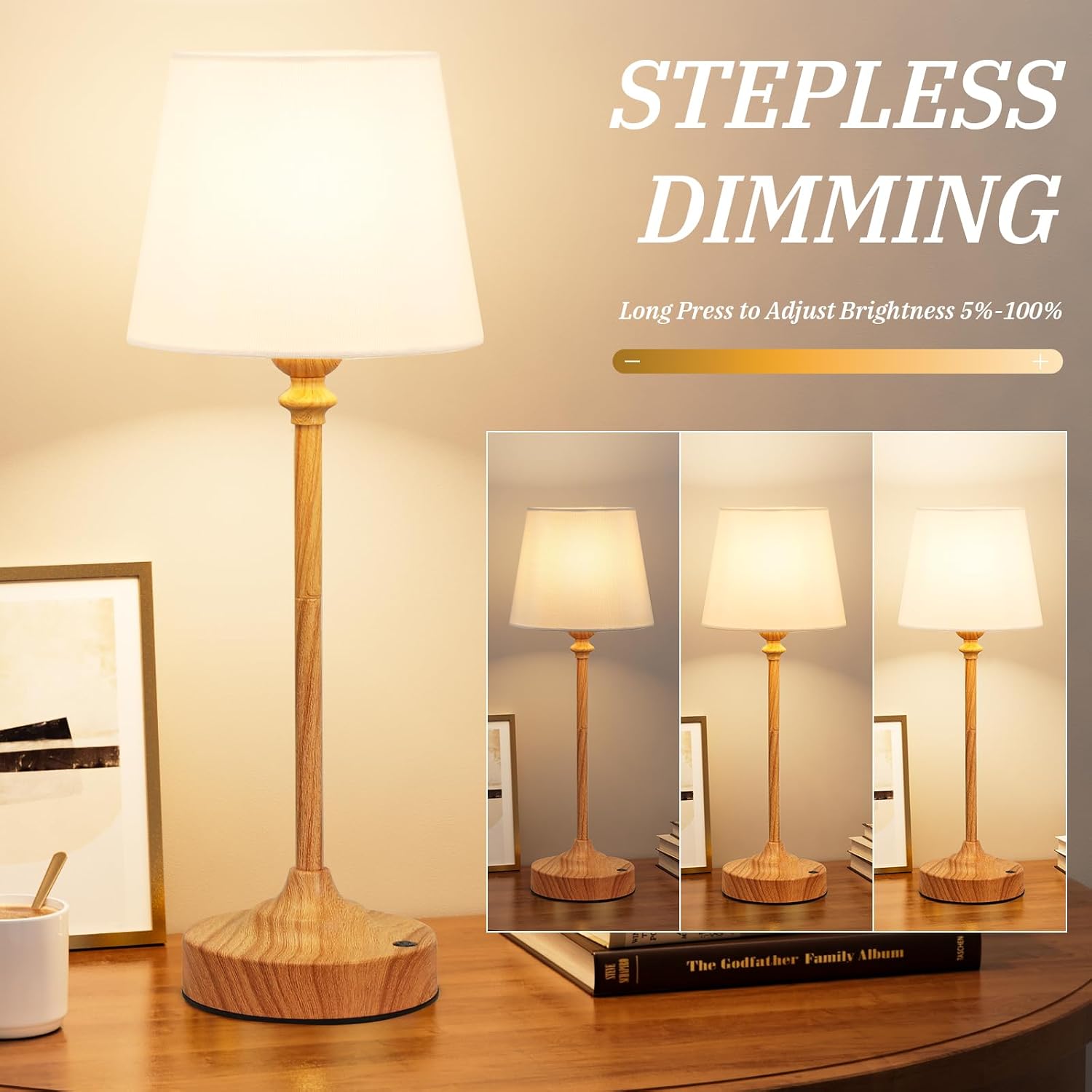 Kakanuo Cordless Table Lamps Rechargeable Set - 2 Pack Wooden 4000mAH Battery Operated Lamps for Decor, 3000K Stepless