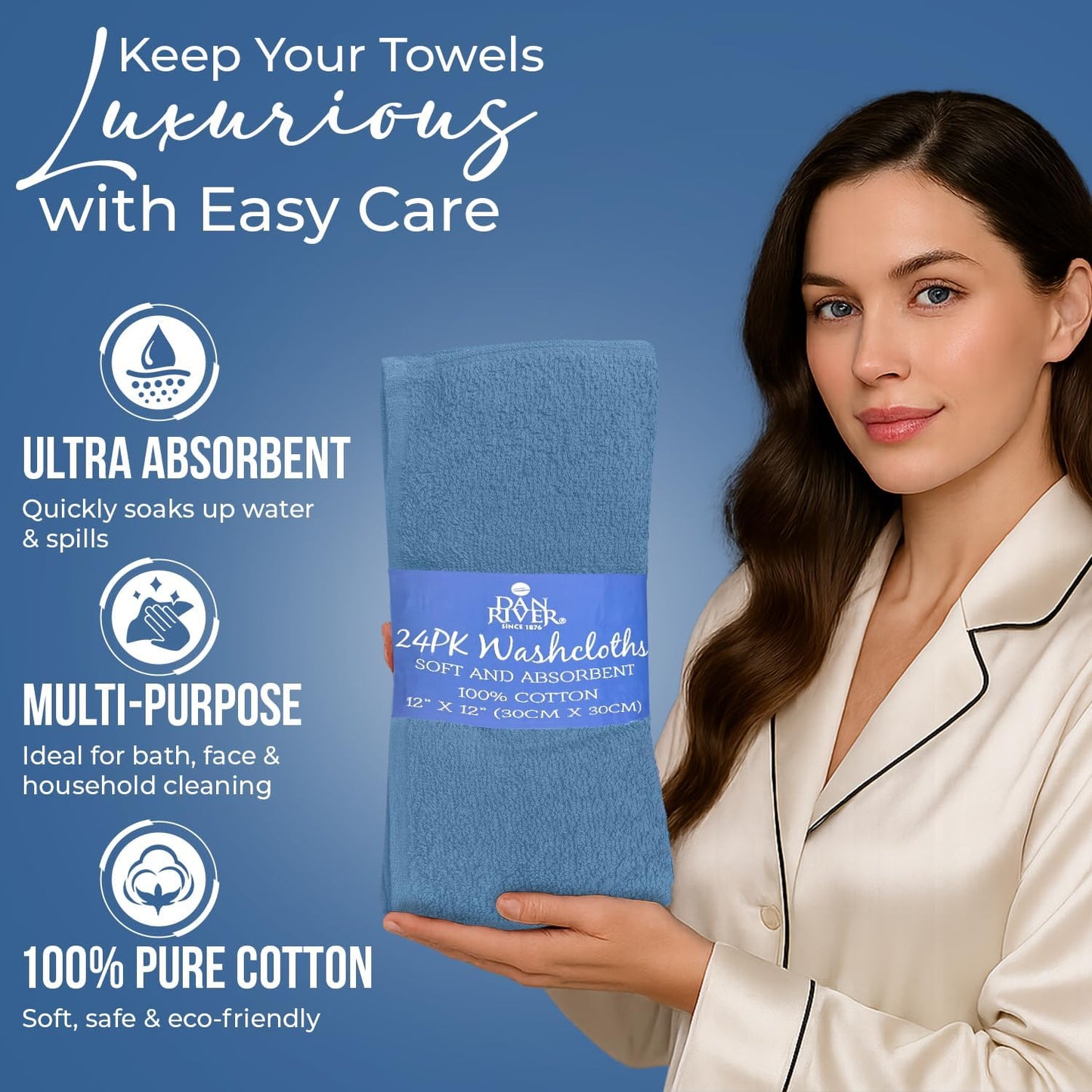 DAN RIVER 24 Pack Cotton Wash Cloths Set for Showering [12x12] M Blue | Lighter Weight, Quick to Dry, Super Soft &