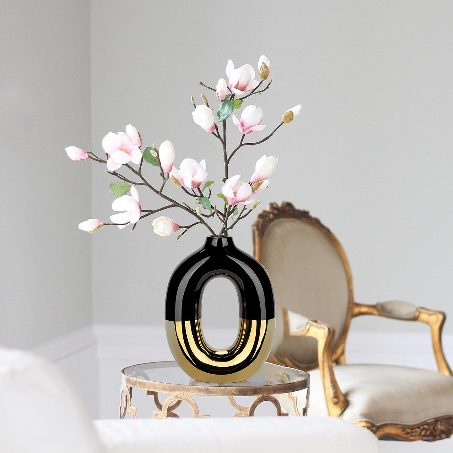 Gold and Black Vase Donut Vase Ceramic Vase for Flowers Pampas Minimalist / Hollow / Black+gold #2
