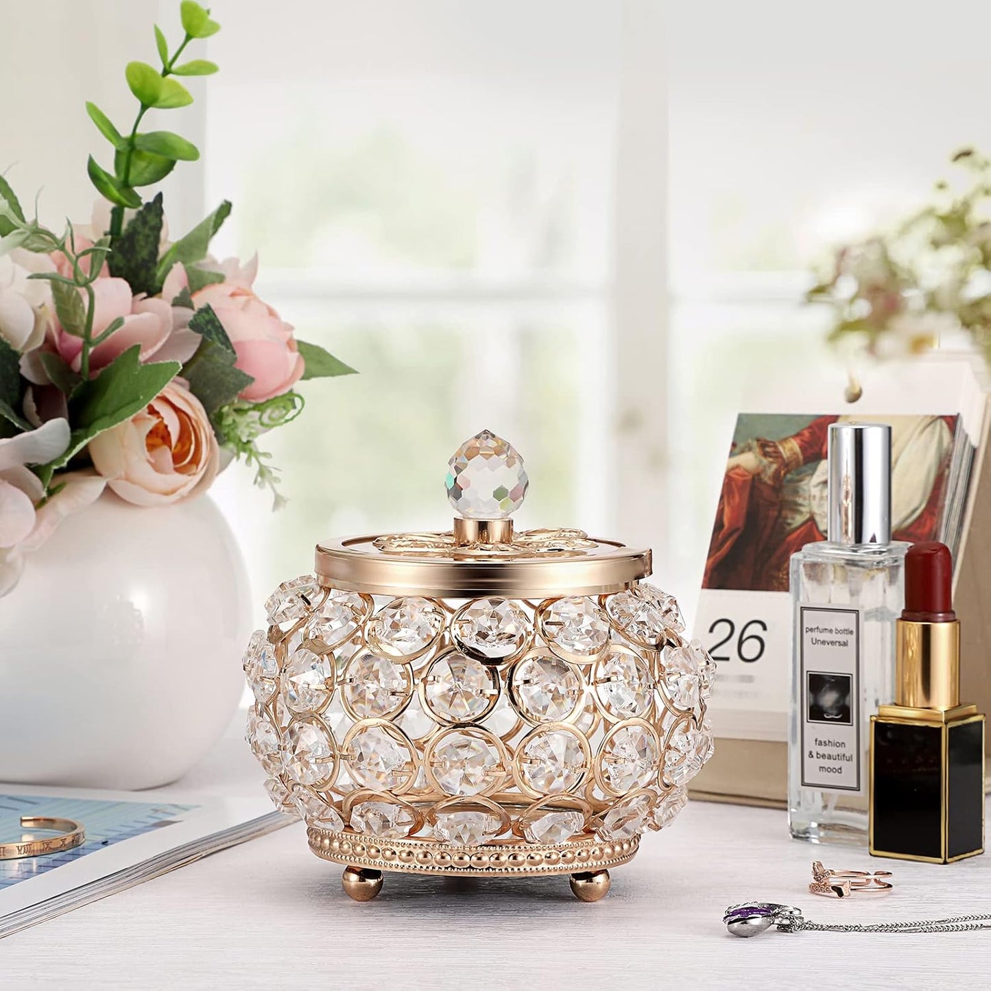 Glass Lid Trinket Organizer Mirrored Treasure Box Ring Holder Earrings Necklace / Small / Gold