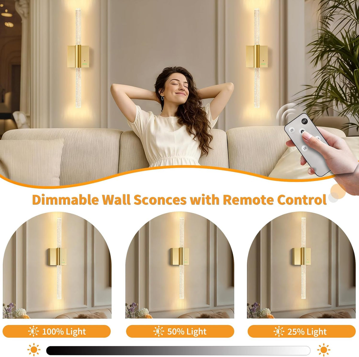 28” Wall Sconces Set of 2, Rechargeable Battery Powered Wall Light | Extra Large 8000mAh Battery Operated Dimmable Led