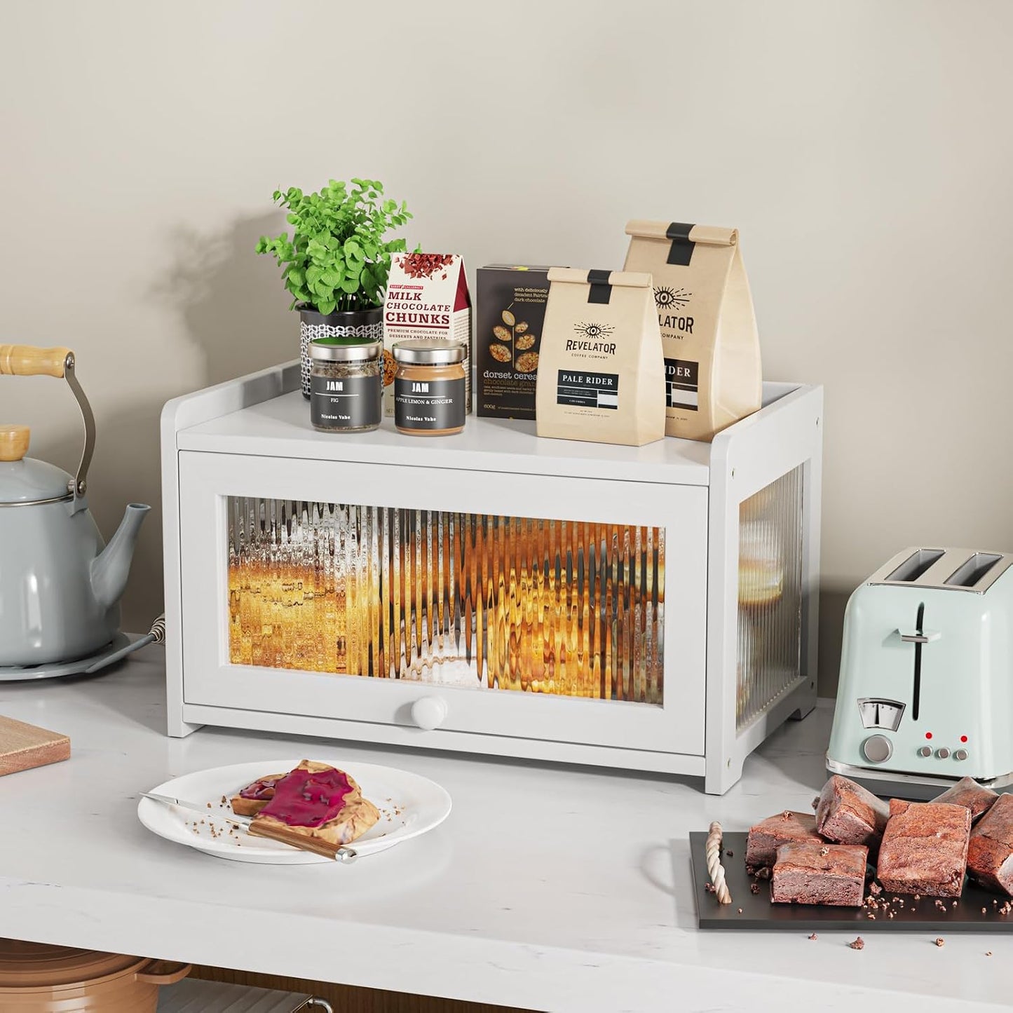 BAMBANG Bamboo Bread Box for Kitchen Countertop, Extra Large Farmhouse Bread Box with 4-Side Clear Panels, Wooden Bread