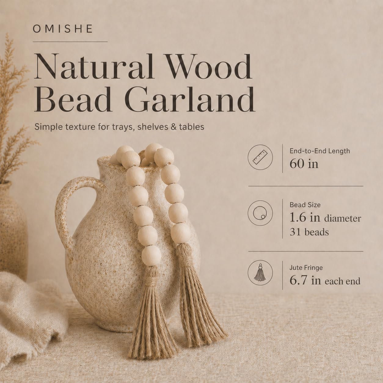 60" Long Extra Large Wood Bead Garland / 1 Nature Beige / 60 Inches