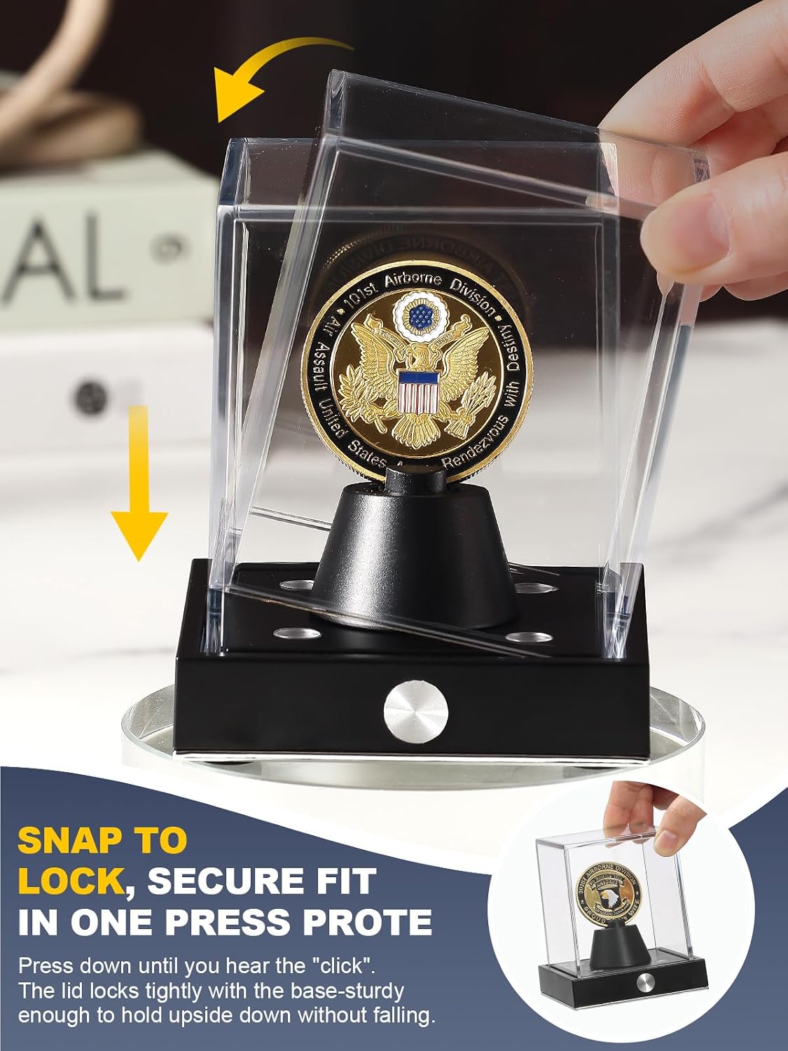 Cordless LED Challenge Coin Display Case, Clear Acrylic Single Silver Dollar Holder with 10 Color Light up, Autograph