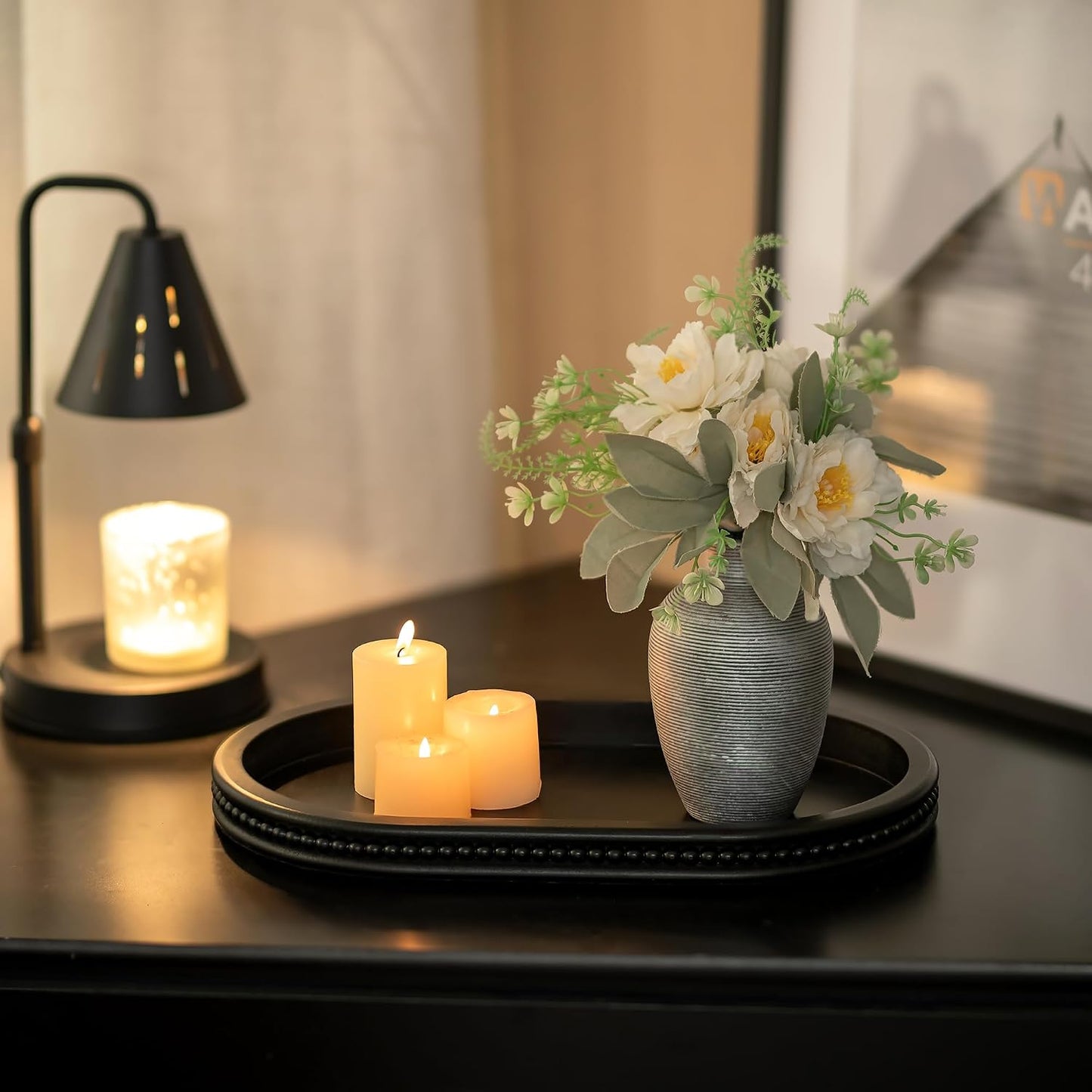 Oval Centerpiece Tray Wood for Farmhouse Entry Table Decor Round / Black