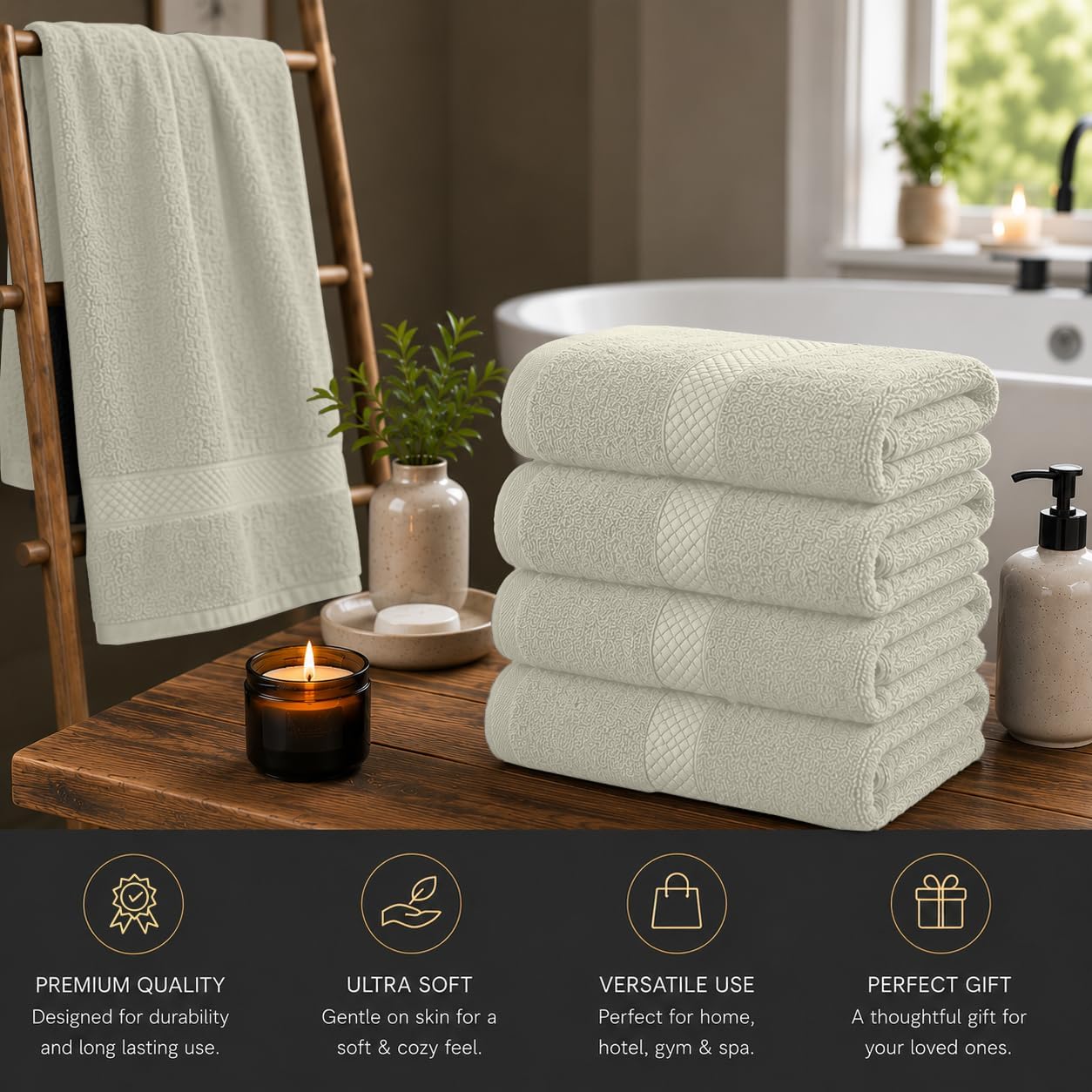 DAN RIVER 600 GSM Cotton Large Bath Towels Set of 4, 27 x 54 Inches, Ivory | Larger & Lighter Weight Towels for