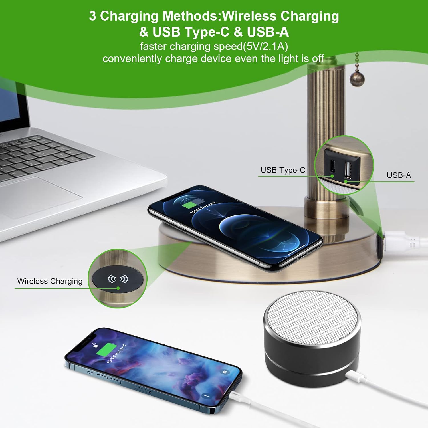 FIRVRE Glass Bankers Desk Lamp,USB Wireless Charging Port LED Desk Lamp, Classic Retro Pull Chain Switch Table lamp