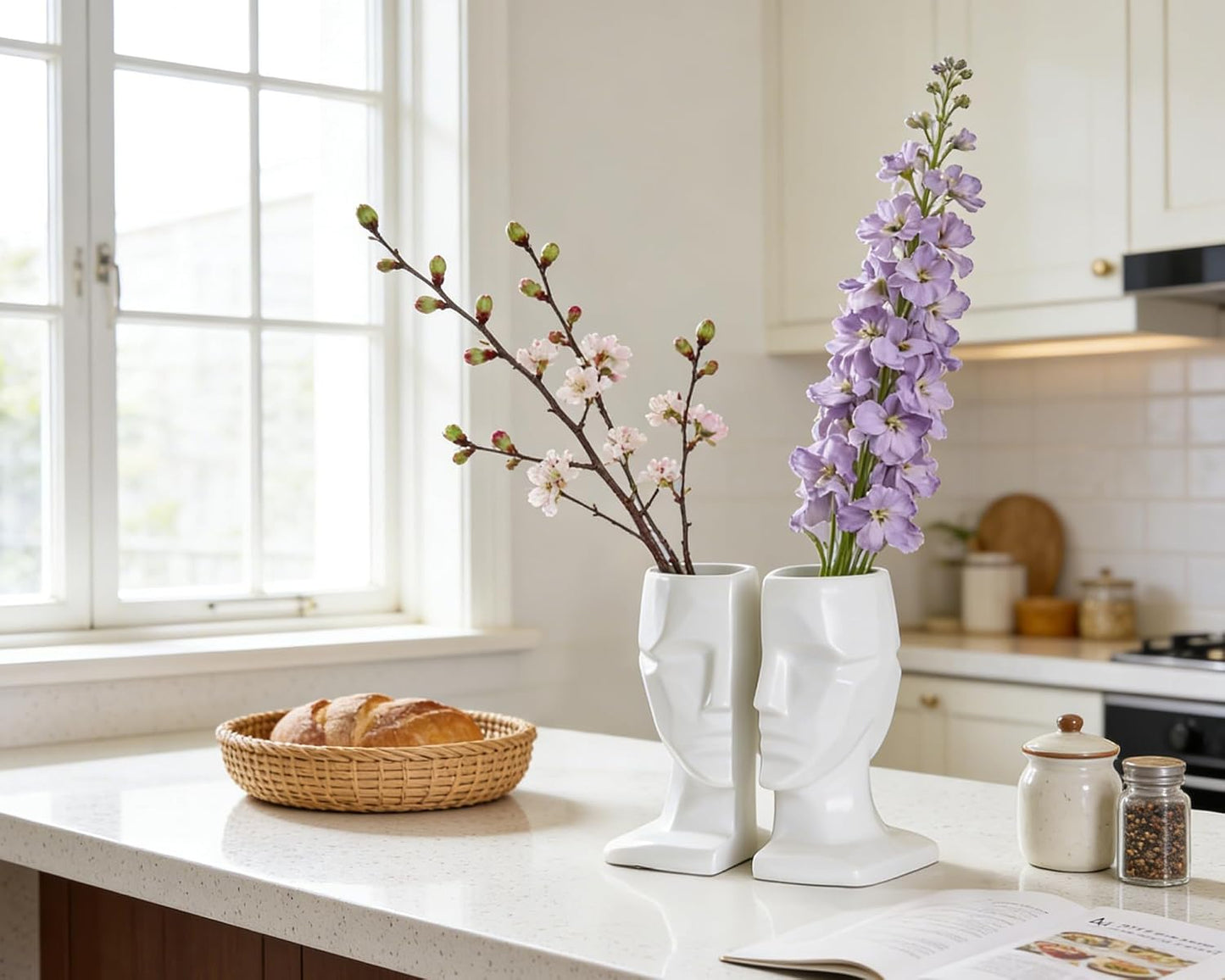 Ceramic Multi Face Decorative Flower Vase Modern Accent Decorative / White / 7 Inch / Set of 2