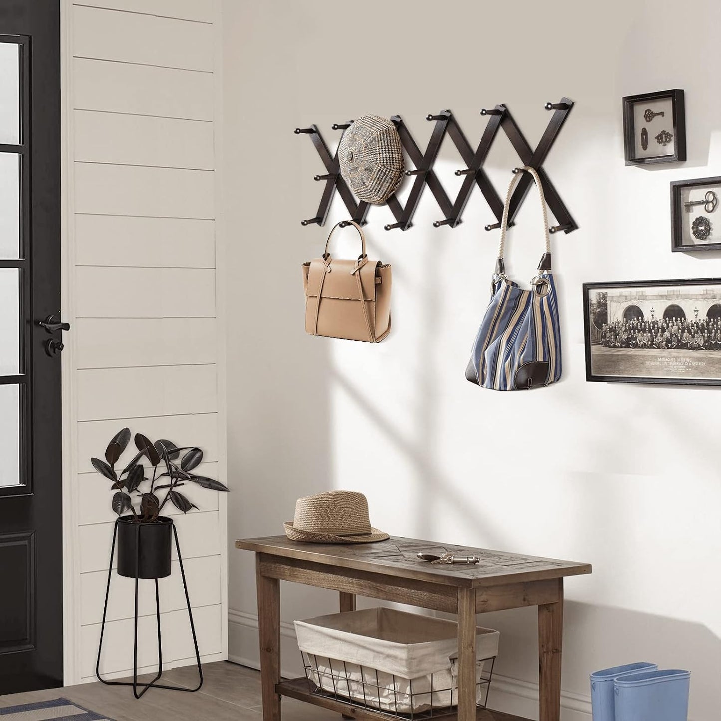 Accordion Wall Hanger, Hat Hangers Wall Mounted, Wood Accordian Coat Rack with 17 Hooks, Expandable Peg Rack Wall