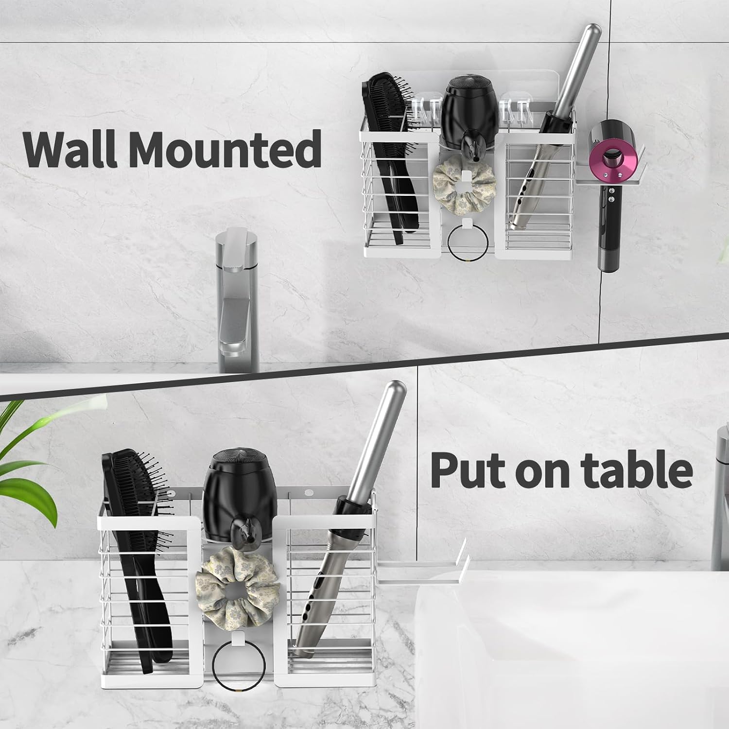 FUNKYLEE Bathroom Organizers and Storage, 3 in 1 Metal Wall Mount for Flat Iron, Curling Iron, Straightener, Hair Care