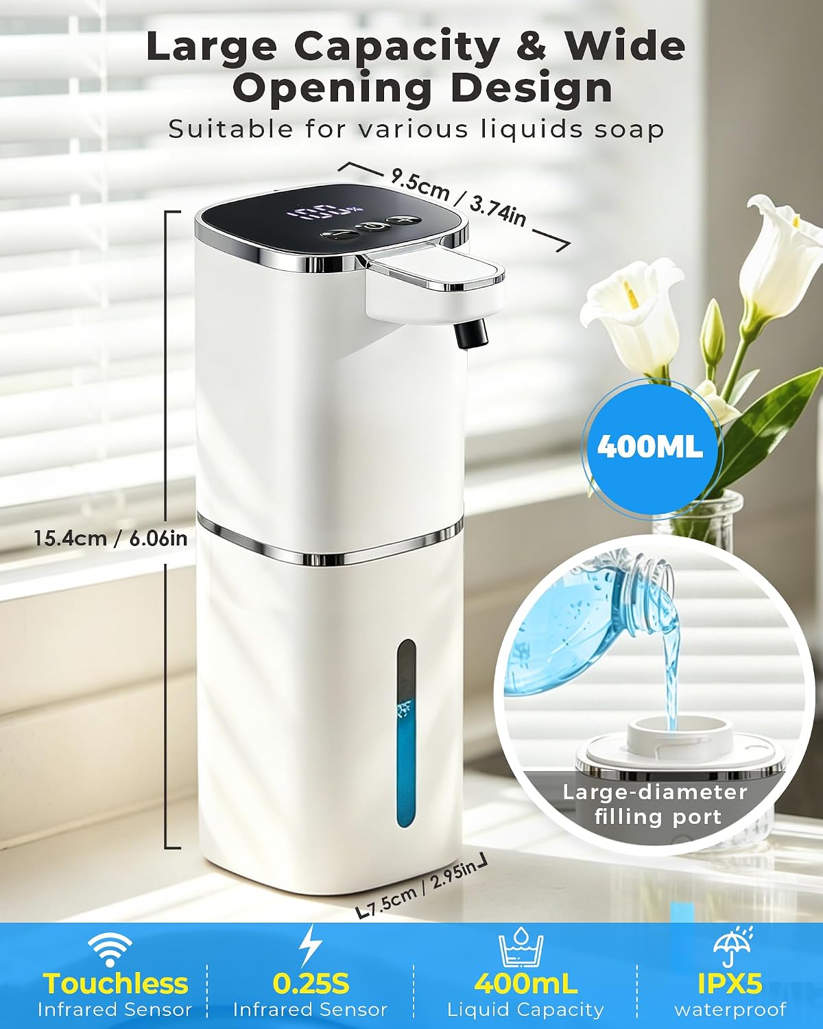 2 Pack Automatic Liquid Soap Dispenser, USB Rechargeable | , 13.5oz/400mL, 9-Adjustable Liquid Levels, IPX5 Waterproof
