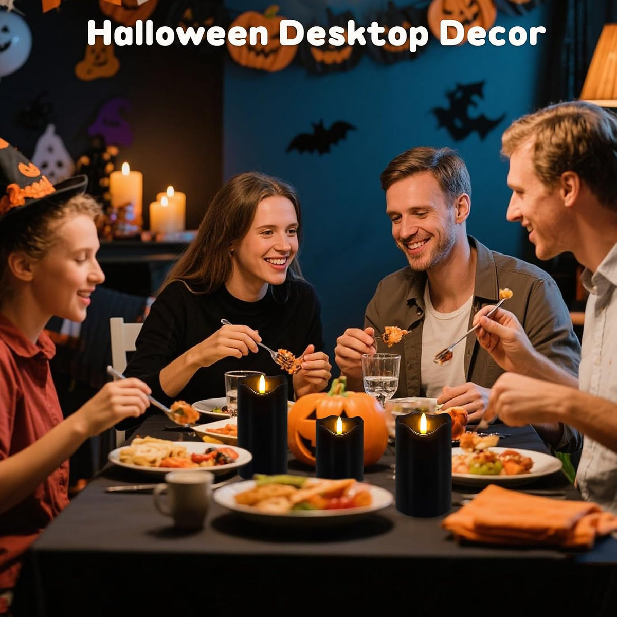 Black Flameless Candles Set of 3, Halloween LED Candles with Remote & Timer | Flickering Real Wax Pillar Candles