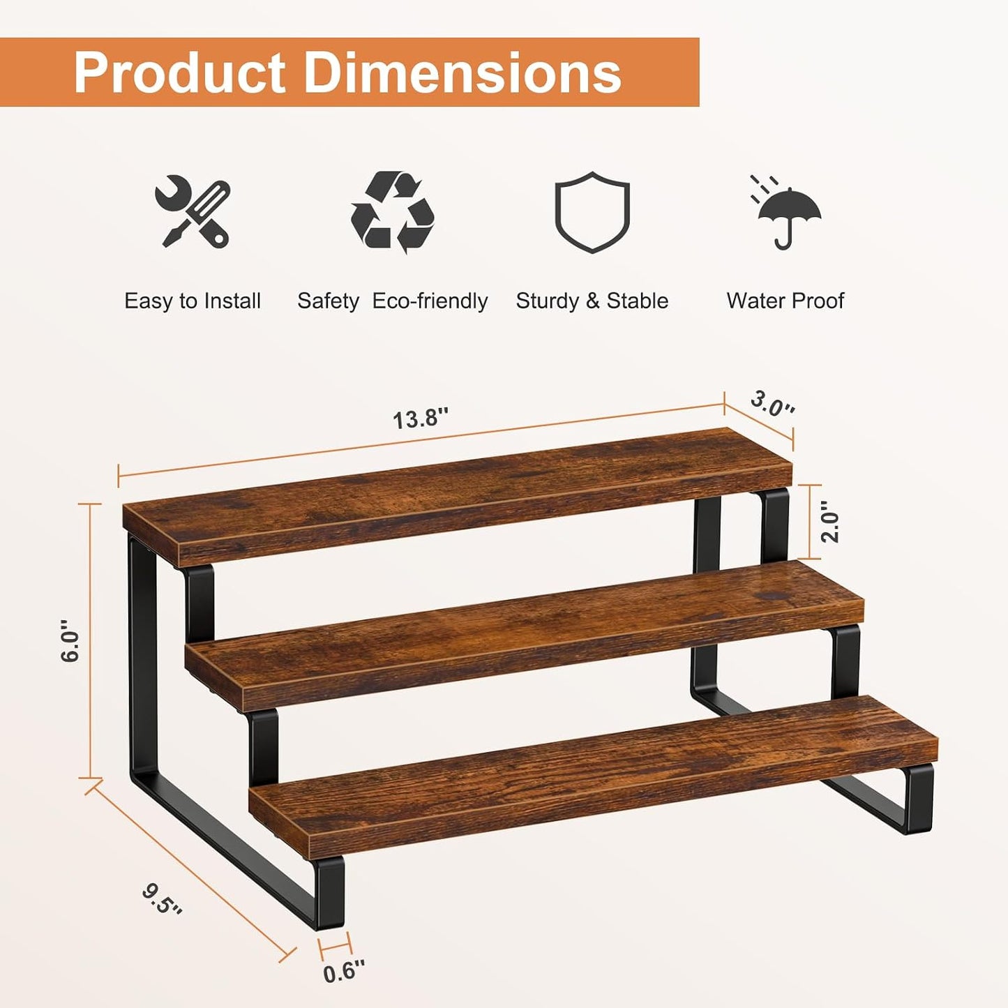 Giikin 3-Tier Spice Rack, 13.8 Inch Wood Countertop Spice Storage Holder, Kitchen Pantry Cabinet Organizer Cupboard for