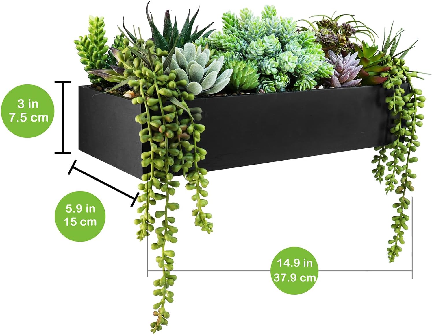 15" Artificial Succulents Arrangement Faux Succulents in Rectangular Wooden Planter Box Faux / Black
