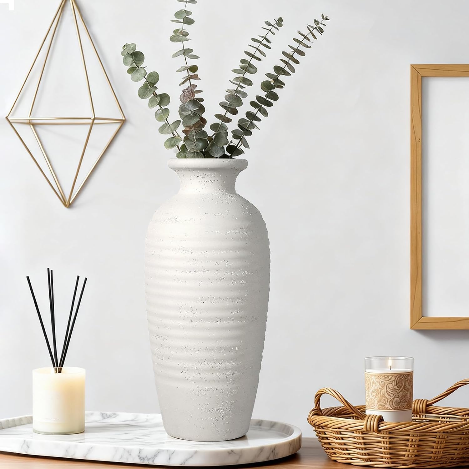 Tall Vintage Ceramic Vase / 14.4 In-rustic-cream / 14.4 Inch
