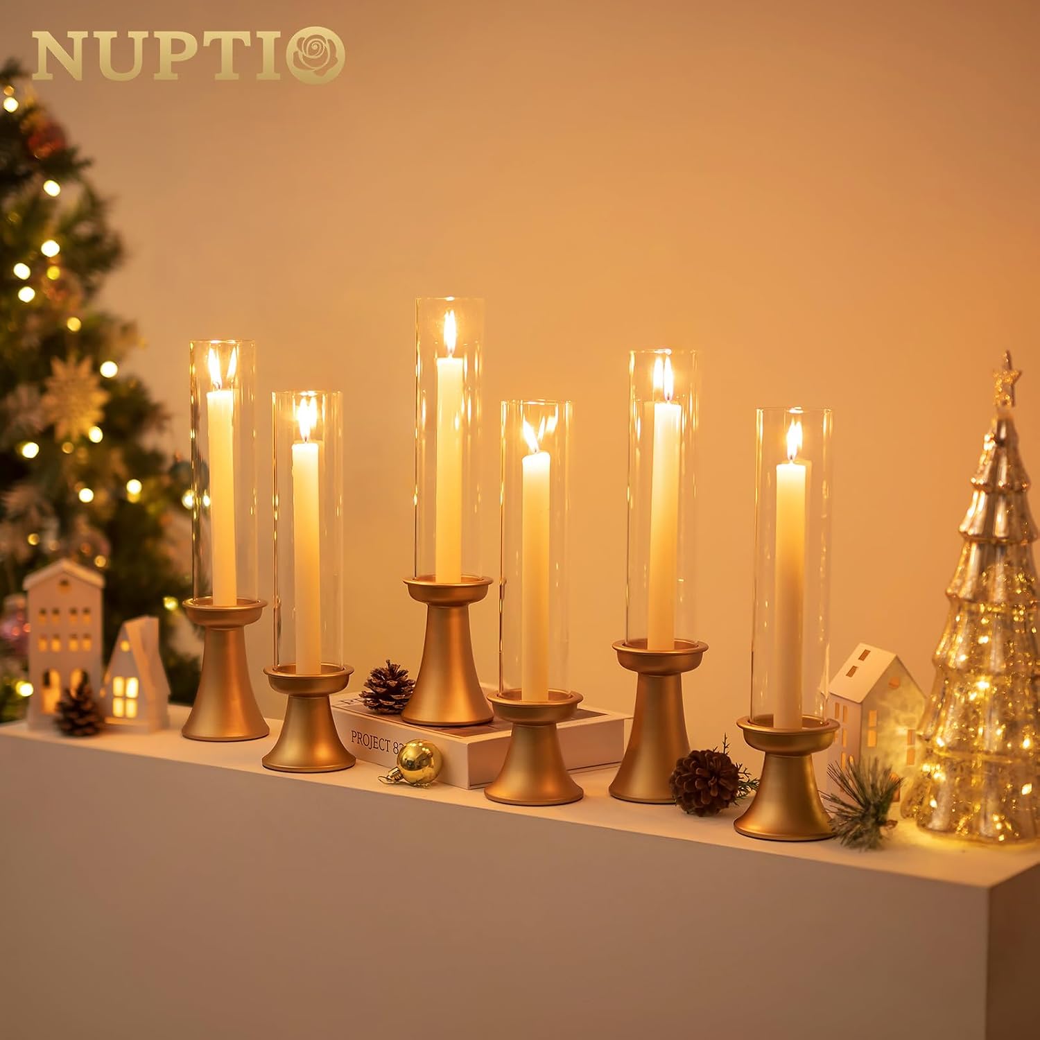 NUPTIO Gold Candlestick Holder for Centerpiece: Set of 6 Hurricane Taper Candle Holders with Glass Cylinder Sleeve