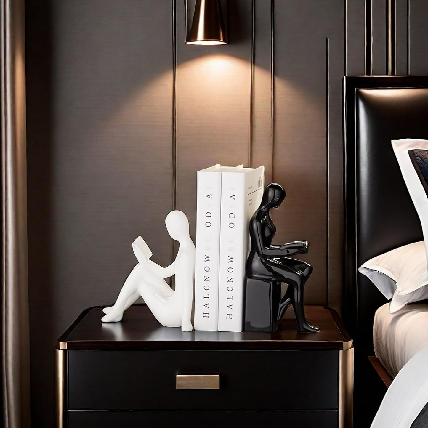 Home Decorative Reading Couple Statue Bookends Elegant Ceramic Bookshelf Room / Black and White