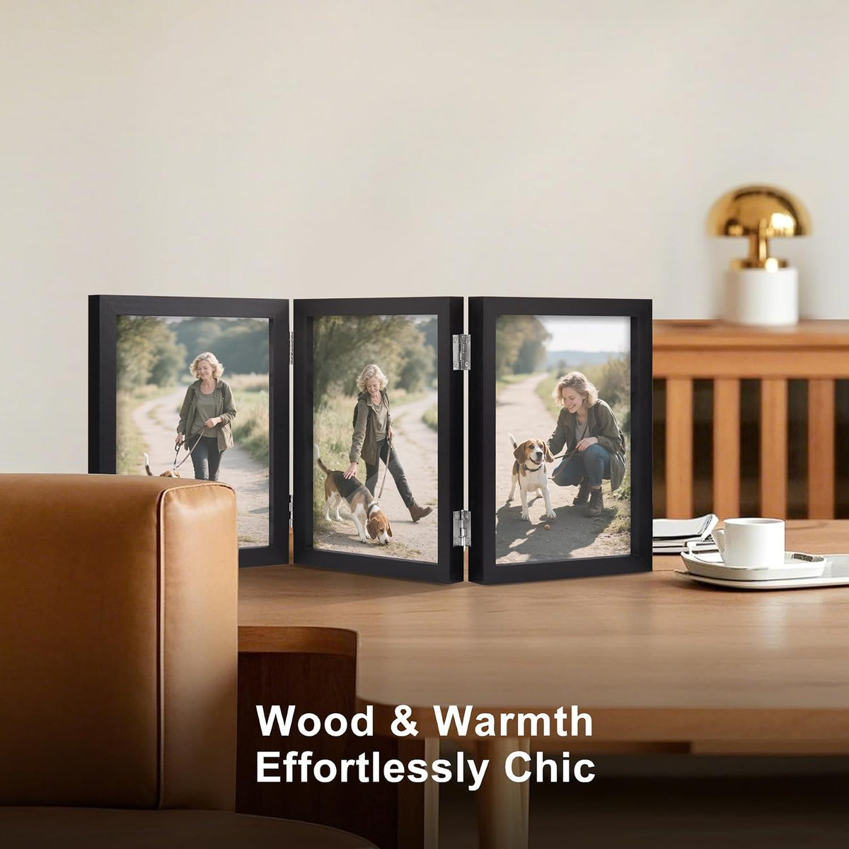 TOFOREVO 4x6 3 Picture Frame Triple Wooden Hinged Photo Frame Definition Glass Stand Vertically on Desktop or Tabletop
