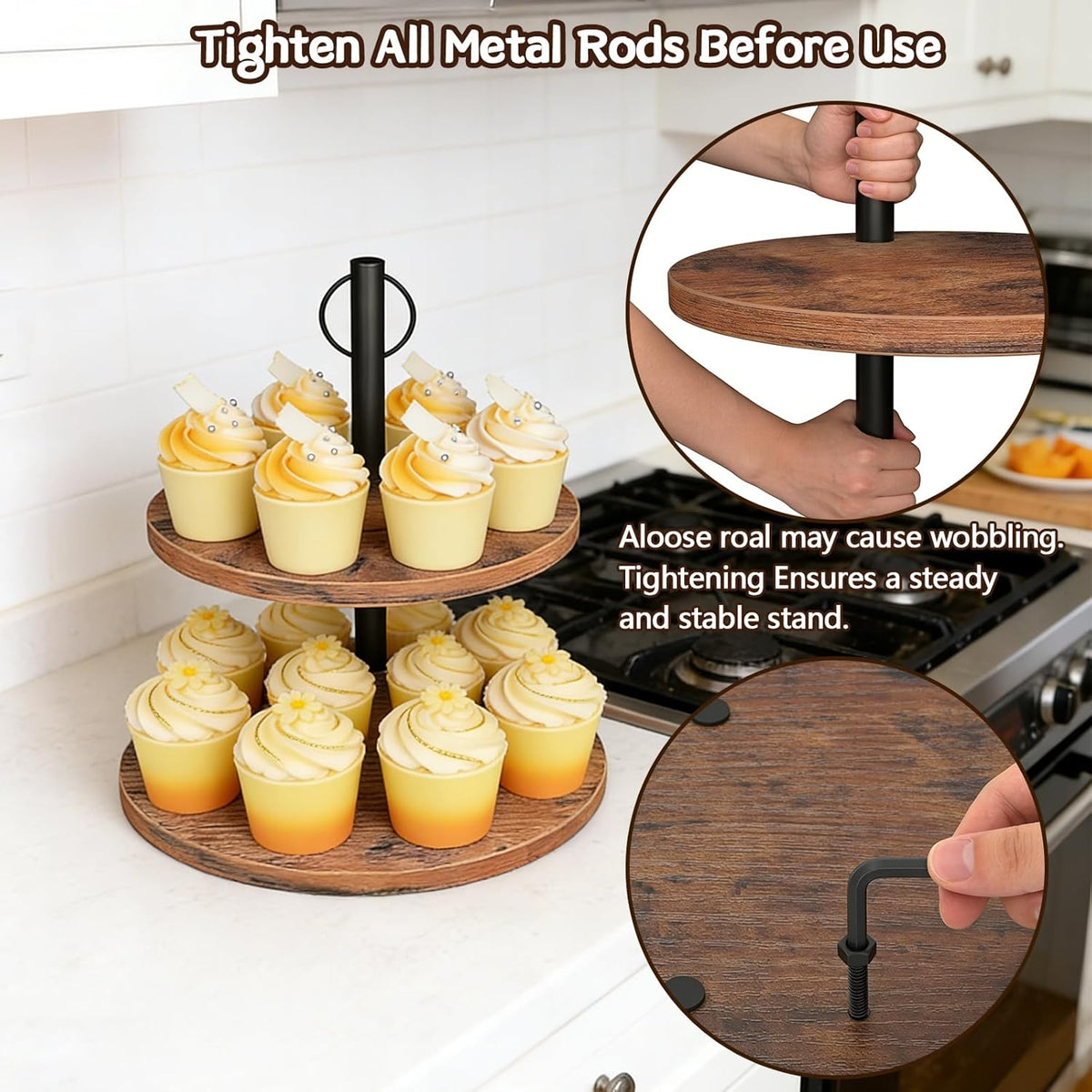 Cupcake Stand, 2 Pack Rustic Wood 2 Tier Cake Stand, Cupcake Tower | Round Dessert Table Display Set, Wooden Tiered