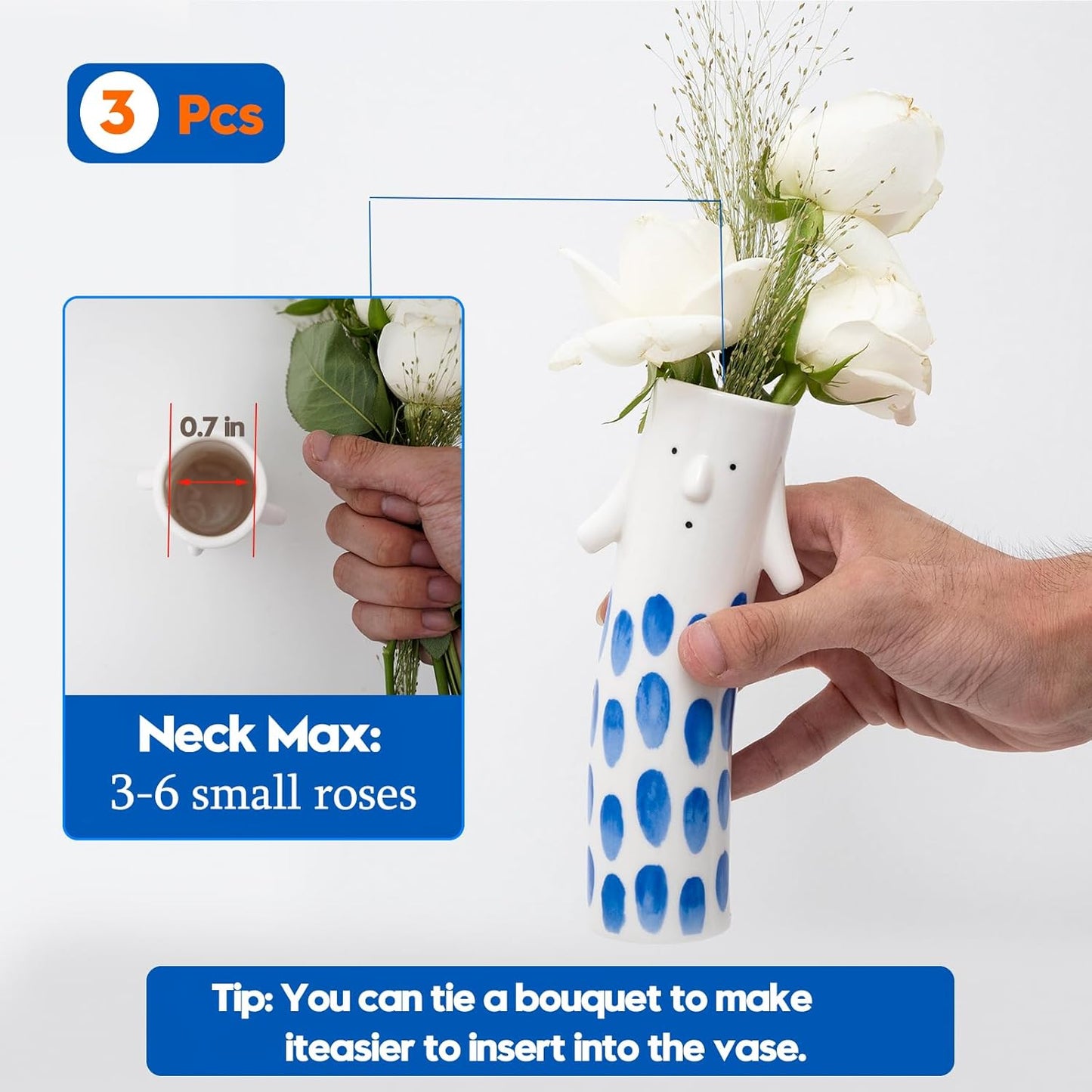 Unique Ceramic Bud Vases for Small Flower / Family Vase Blue / Set of 3