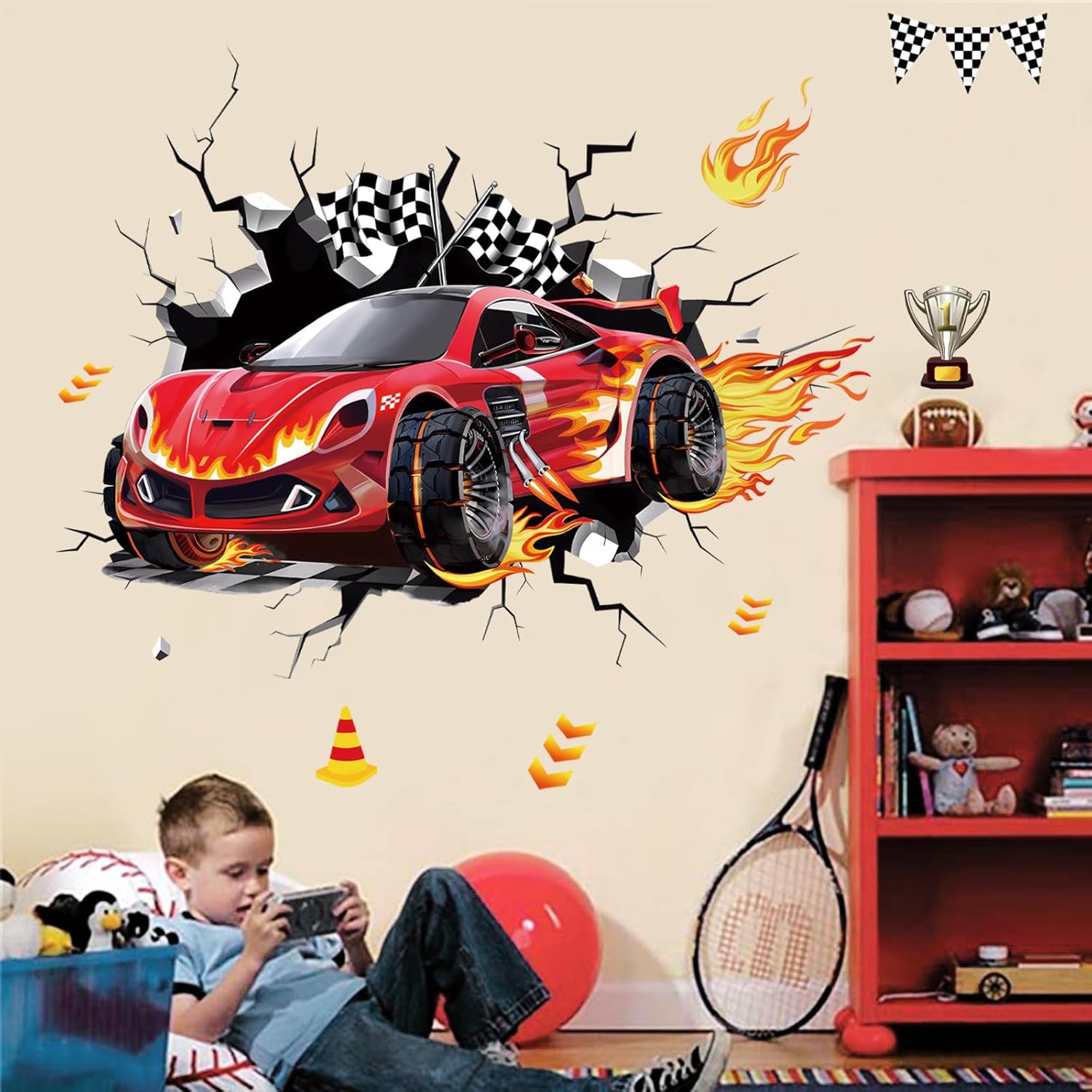 3D Racing Cars Wall Decals Cars Flags Wall Stickers Baby Nursery Boys Bedroom Kids Room / A / Red