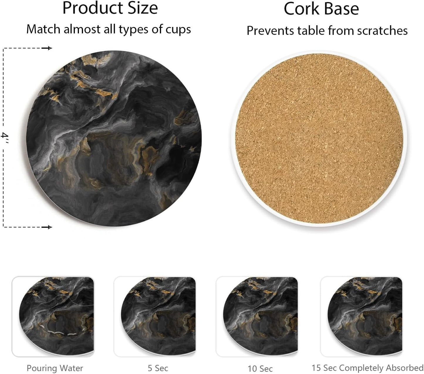 Holder / Absorbent Ceramic Coasters for Drinks / Abstract Black Marble / Set of 6