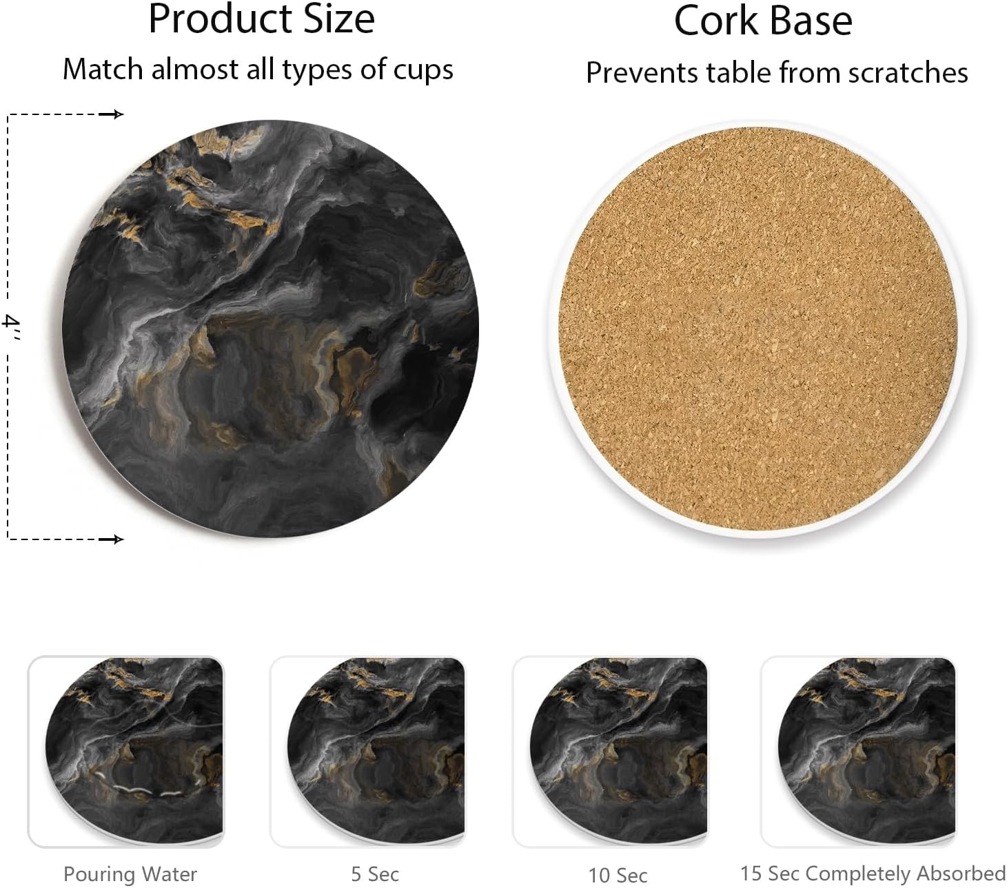 Holder / Absorbent Ceramic Coasters for Drinks / Abstract Black Marble / Set of 6
