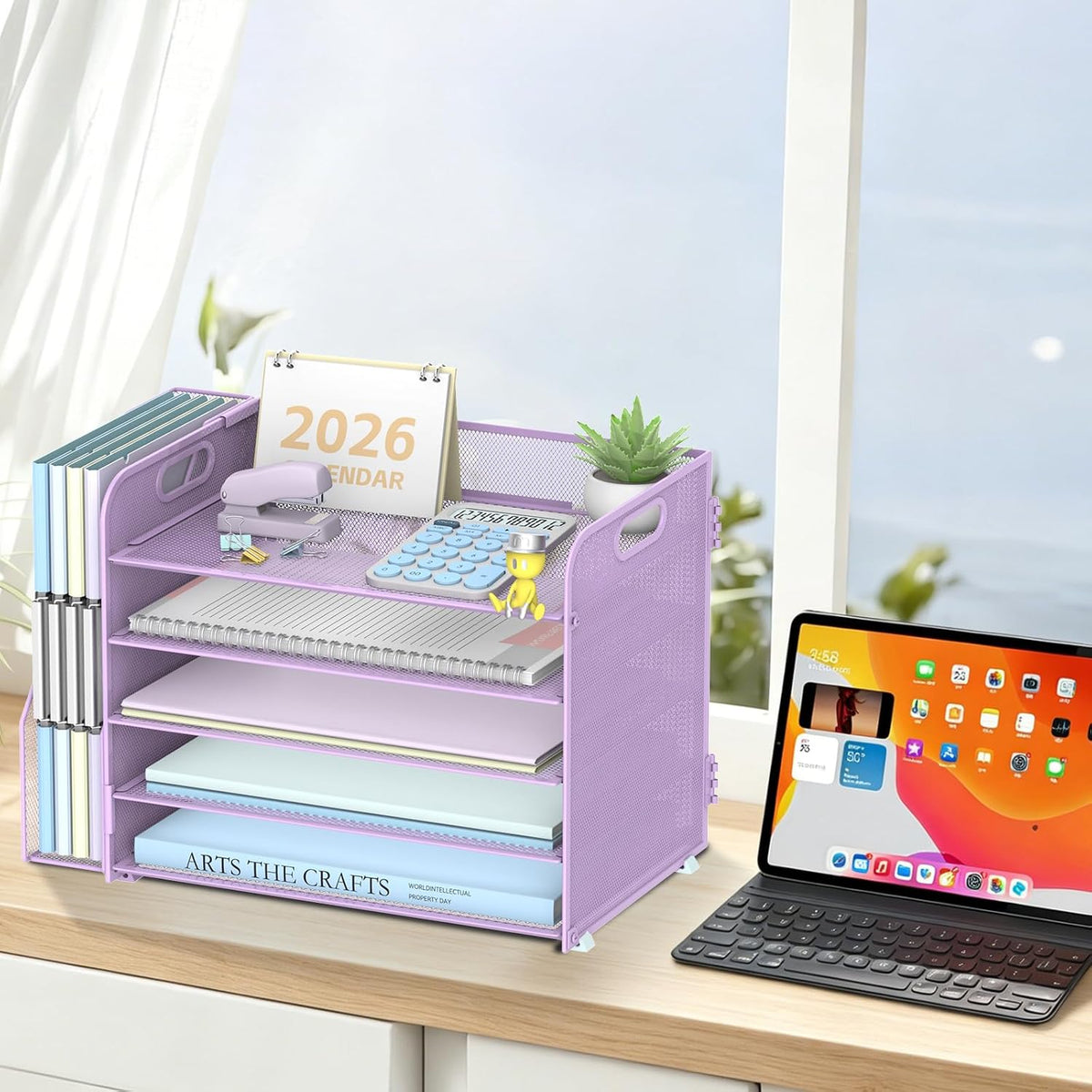 5-Tier Desk Organizer with File Holder, Paper Organizer for Desk, Purple | 5 Letter Trays and Vertical File Holder with