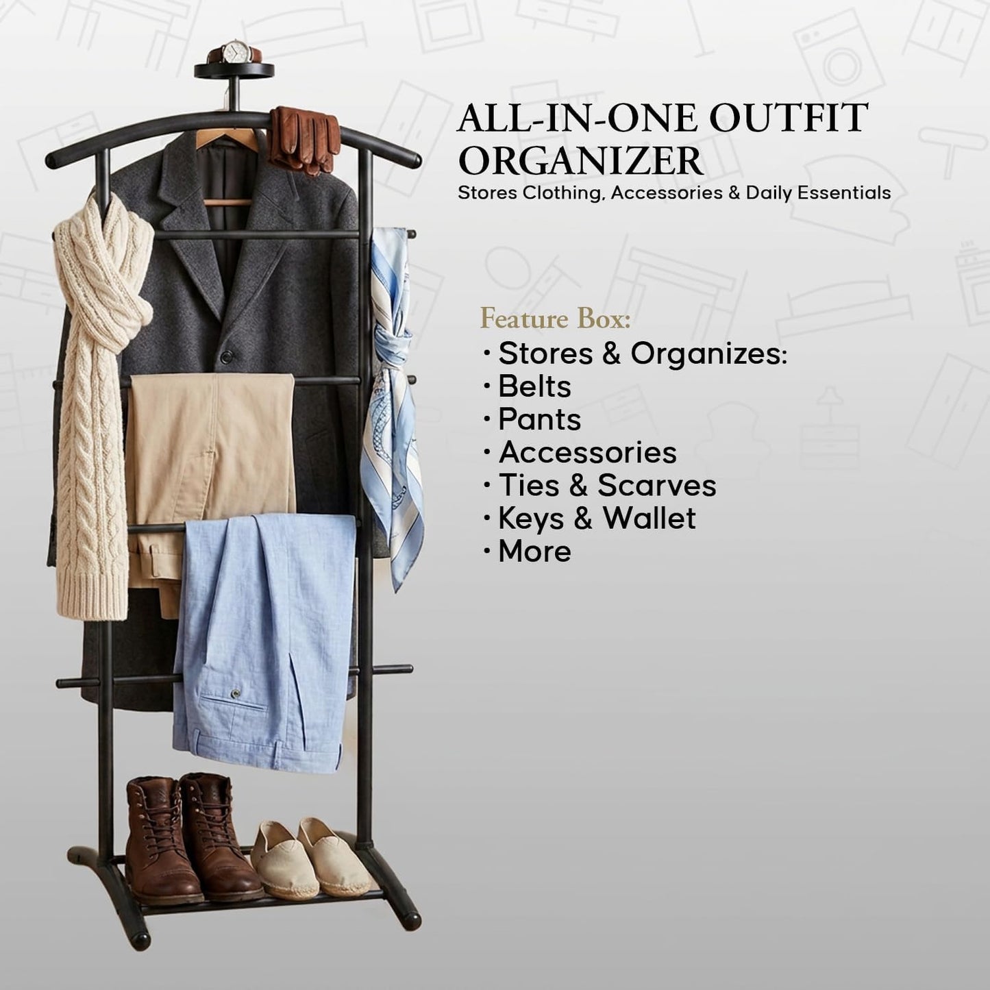 Kings Brand Freestanding Metal Suit Valet Stand with Tie Bar, Black | Complete Clothing Organizer with Hanger, Trouser