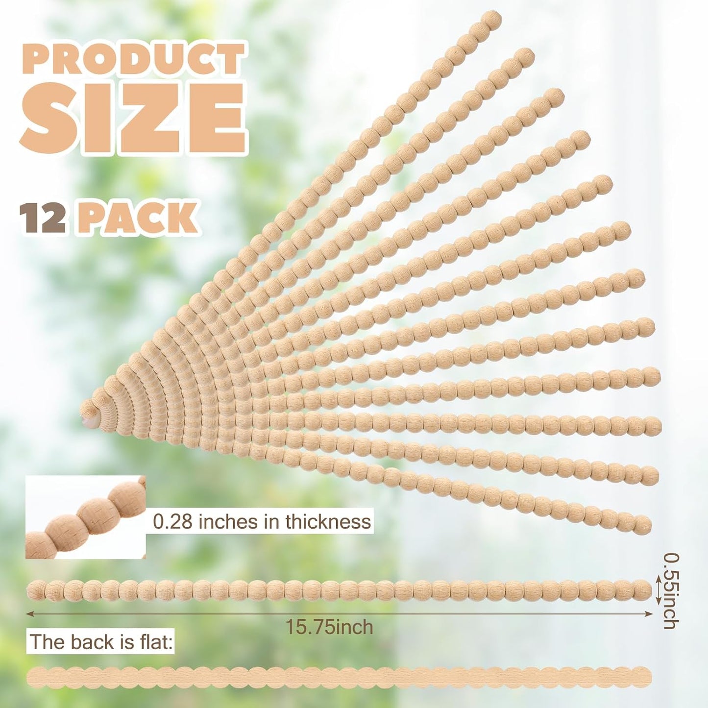 Decorative Beaded Wood Trim Molding Half Wooden Beads Bobbin Trims / 14 Mm / 15.75 Inch / Set of 12