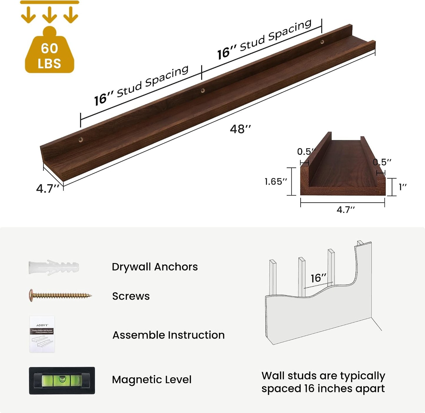 Acovy Solid Ash Wood Floating Shelves, 48 Inch, Walnut, Set of 2 | Wood Picture Ledge, Wall Mounted, For Living Room