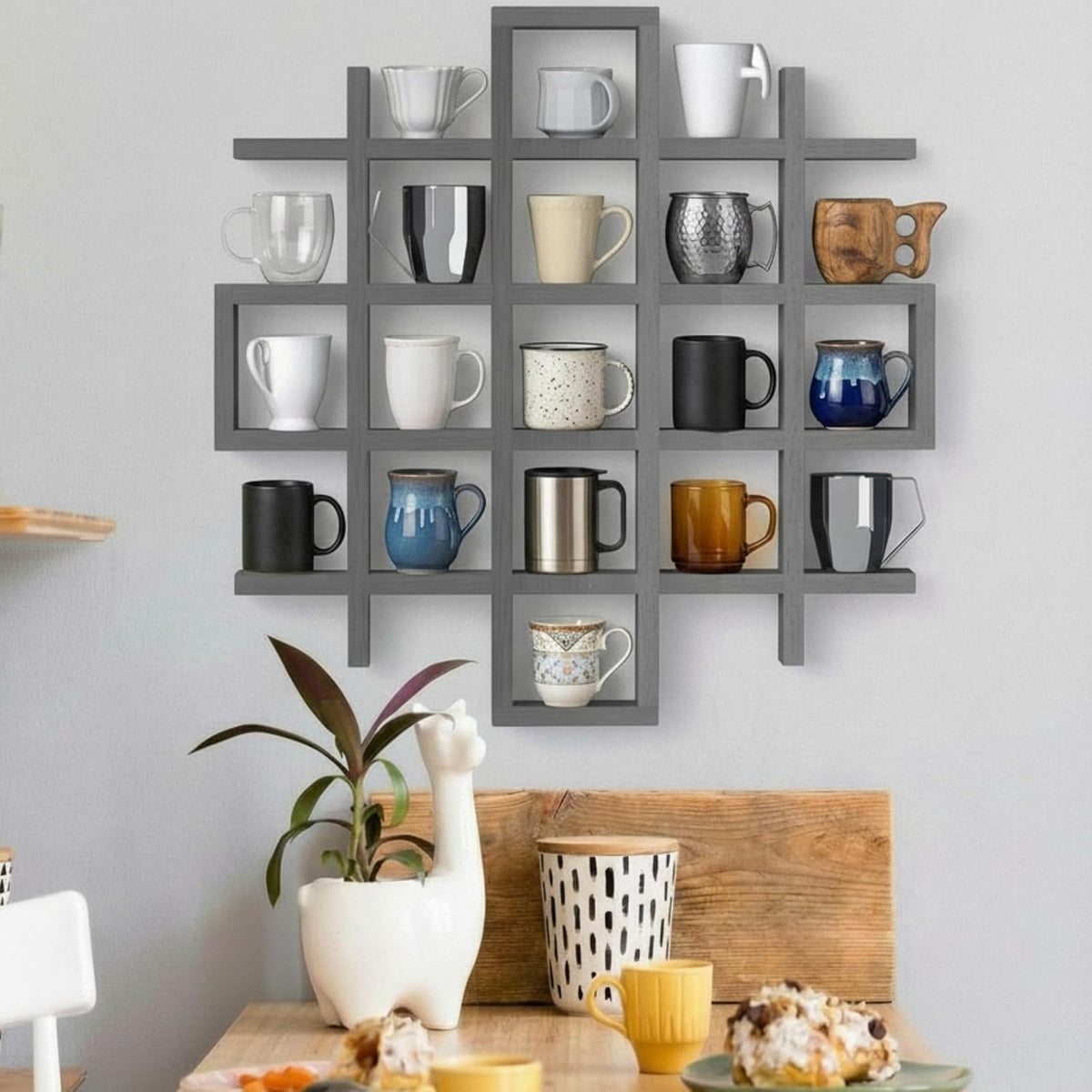 Suzile Mug Display Shelf Wall Mounted,Grid Size 5.1x5.1x3in,Grey | Rustic Wood Floating Shadow Box for Coffee Mugs