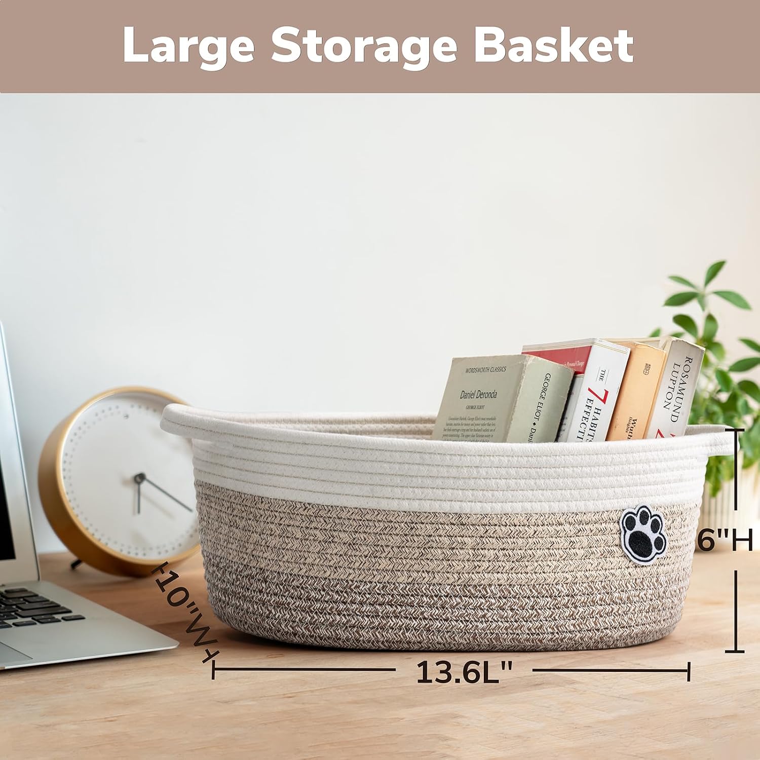 Woven Storage Baskets for Organizing / Brown / 13.6"L x 10"W x 6"H / 13.6 x 10 x 6