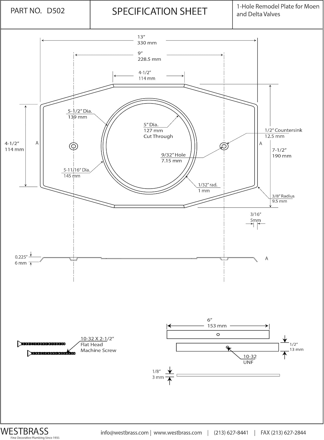 Westbrass One-Hole Remodel Plate for Moen and Delta, Matte Black, D502-62