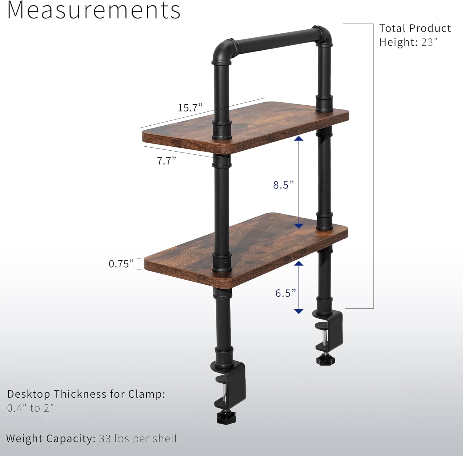 VIVO Clamp-on Premium 16 inch Industrial Pipe 2-Tier Tabletop Shelving, Heavy Duty Desk Extension Organizer, Modern