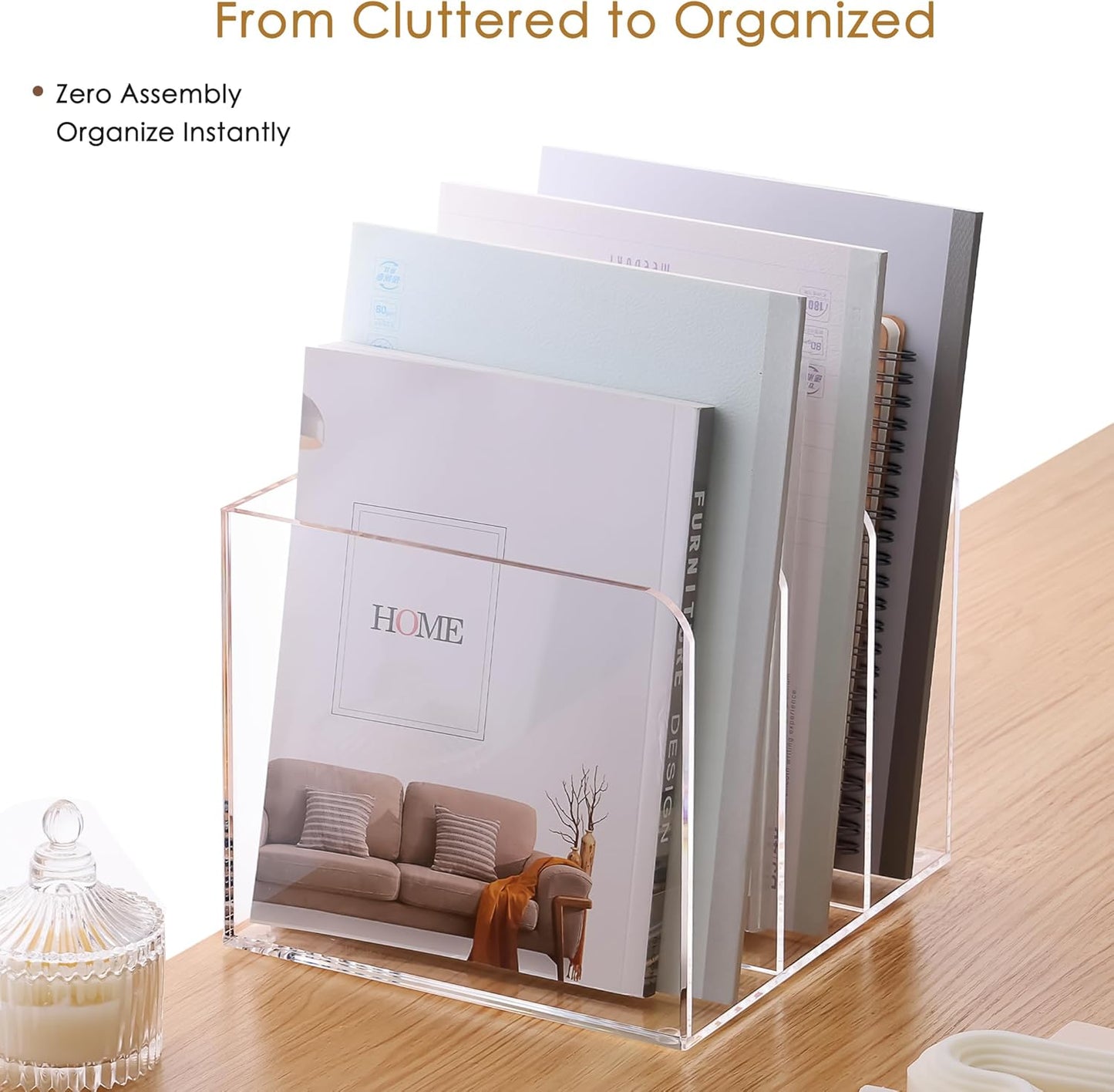 SANRUI Clear Acrylic Vertical Magazine File Organizer with 3-Slot, Clear | 3-Compartment File Magazine Sorter