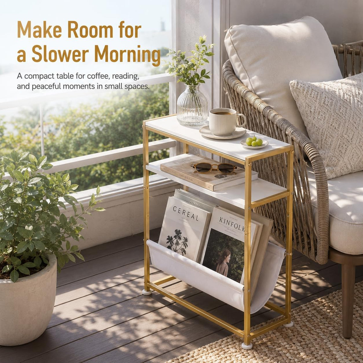 Narrow End Table for Small Spaces - Slim Side Table with Magazine Holder,2 in 1 Design Narrow Coffee Table Living