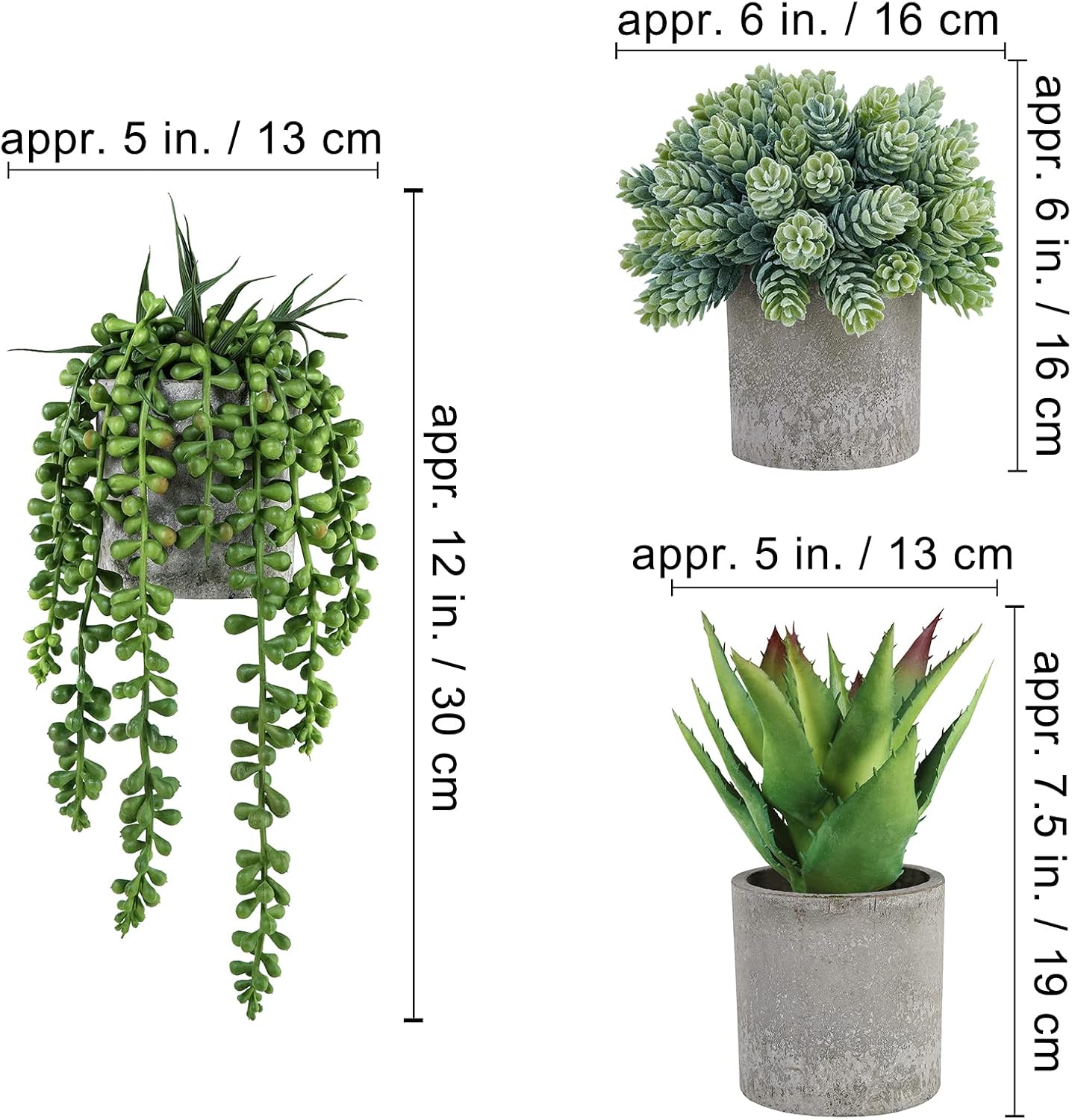 Mini Potted Succulents Artificial String of Pearls Aloe Hops Succulent Plants / Gray / Set of 3