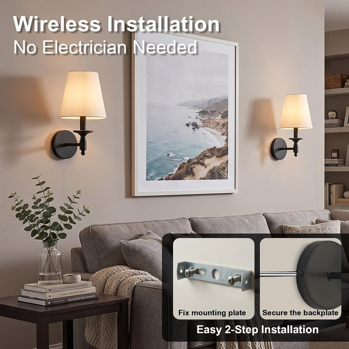 Black Wireless Wall Sconce Set of 2, Battery Operated Wall Lights with Remote Control & 3 CCT Color Temperature