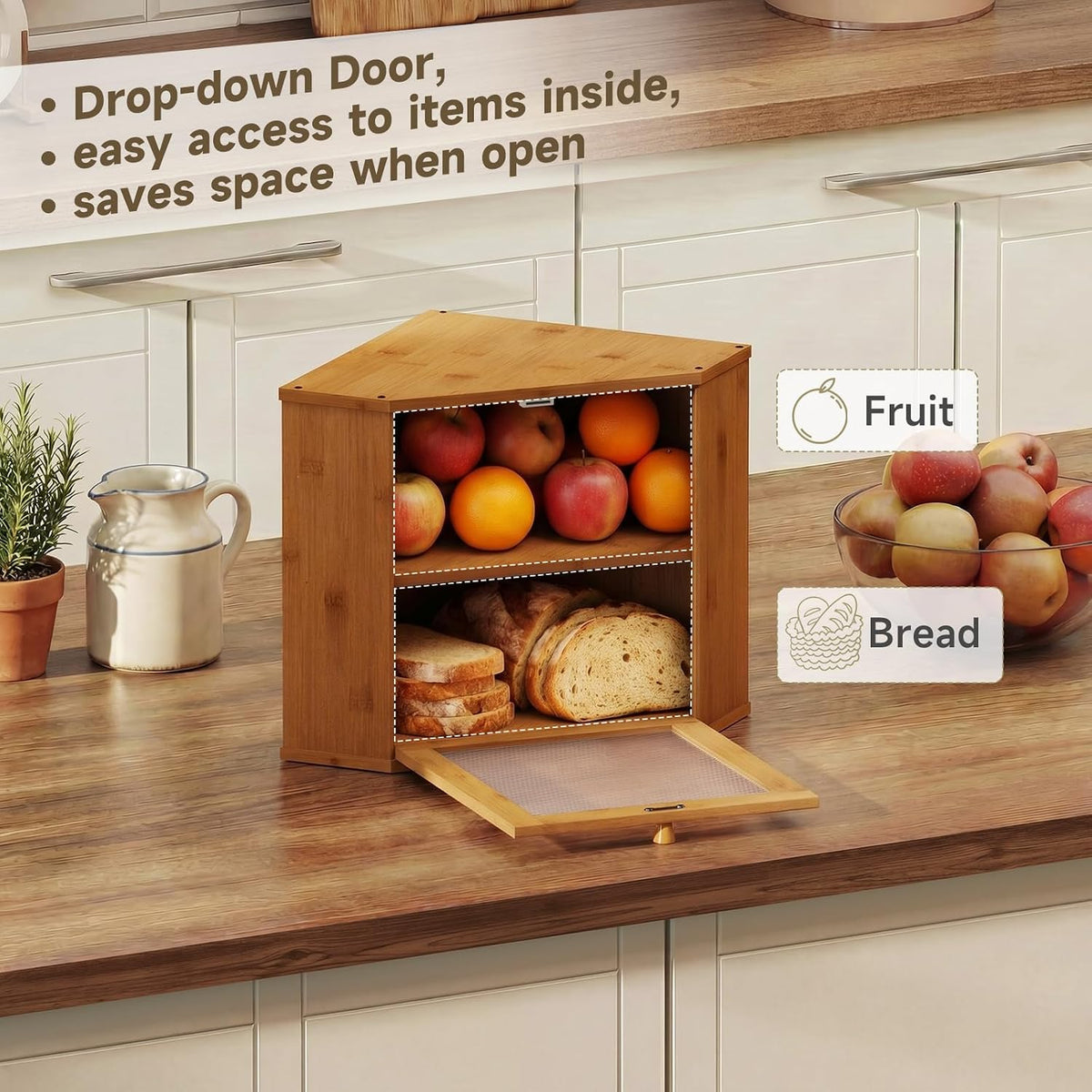 Bread Box for Kitchen Corner Countertop,Large Bread Basket (Brown, Large) | Double Layer Bamboo Bread Storage Container