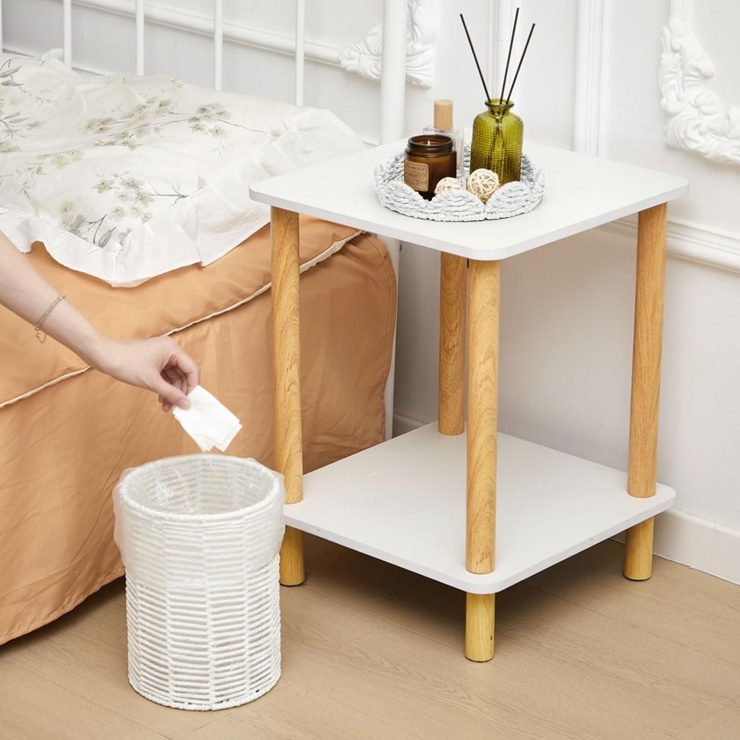 Lid Handle Woven Wicker Rattan Bathroom Waste Basket Boho / Scalloped Style / White / 1.3 Gallons