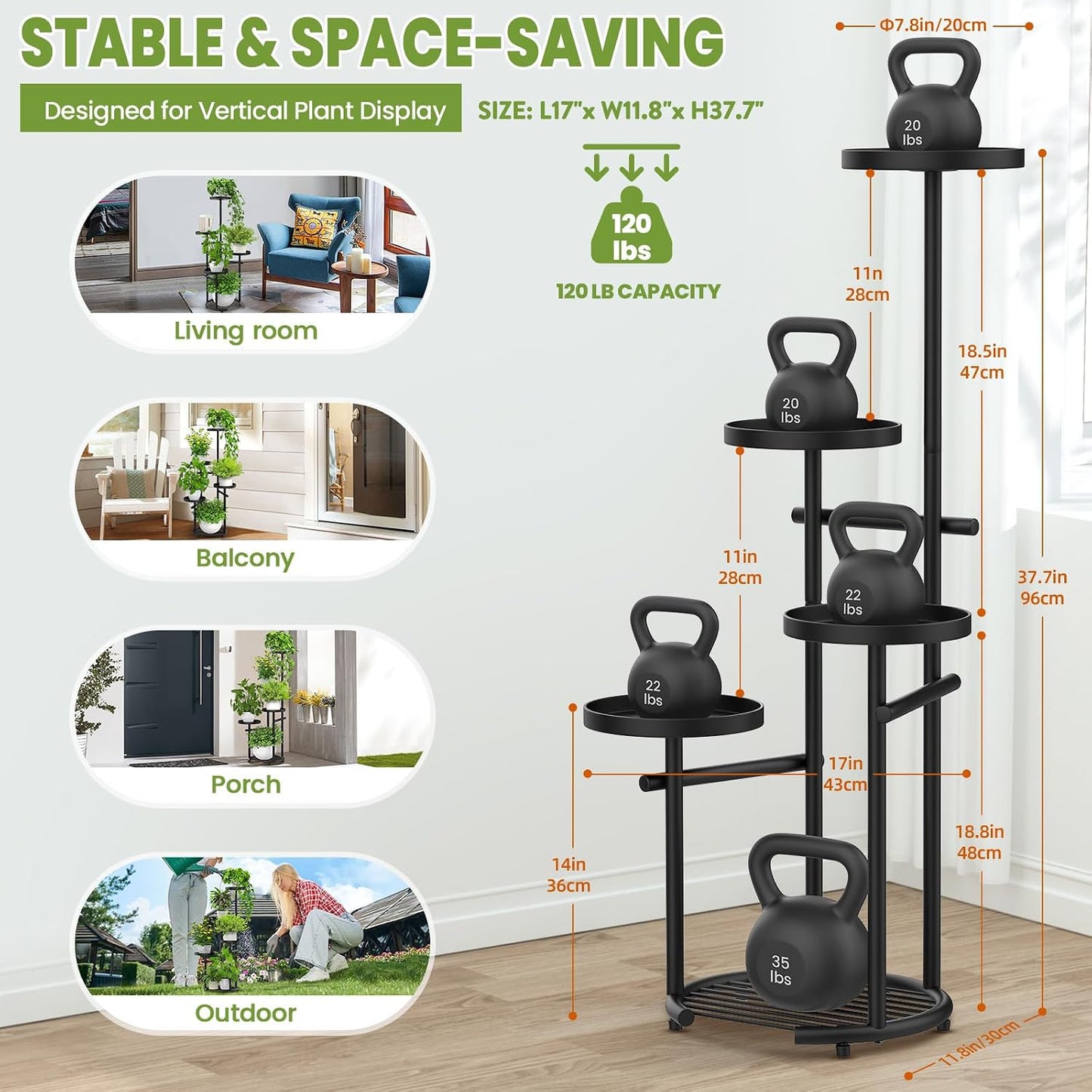 TOSKING Tall 5-Tier Round Metal Corner Plant Stand Indoor, Anti-Tip, Black | 37.7-Inch Height, Space-Saving Design