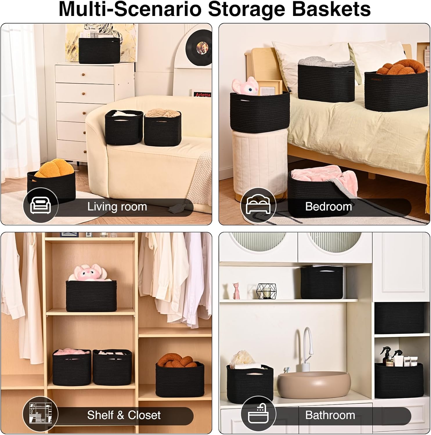 Woven Cotton Rope Baskets for Storage / Black