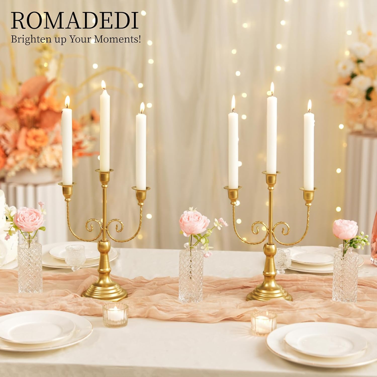Romadedi Gold 3 Arm 11.8" Candelabra Candle Holders, Set of 2 | Wedding Candlestick Holder, Theme Party Table